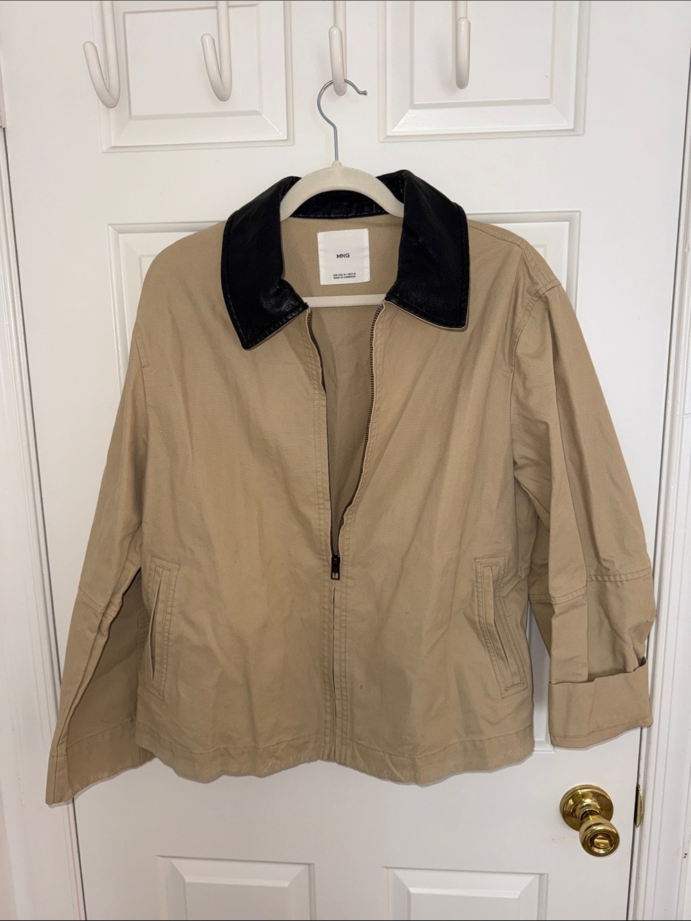 Mango Beige Bomber Jacket with Black Collar